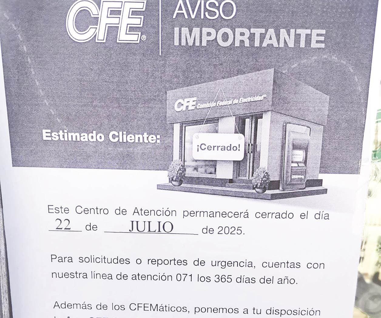 Cierra CFE sus oficinas